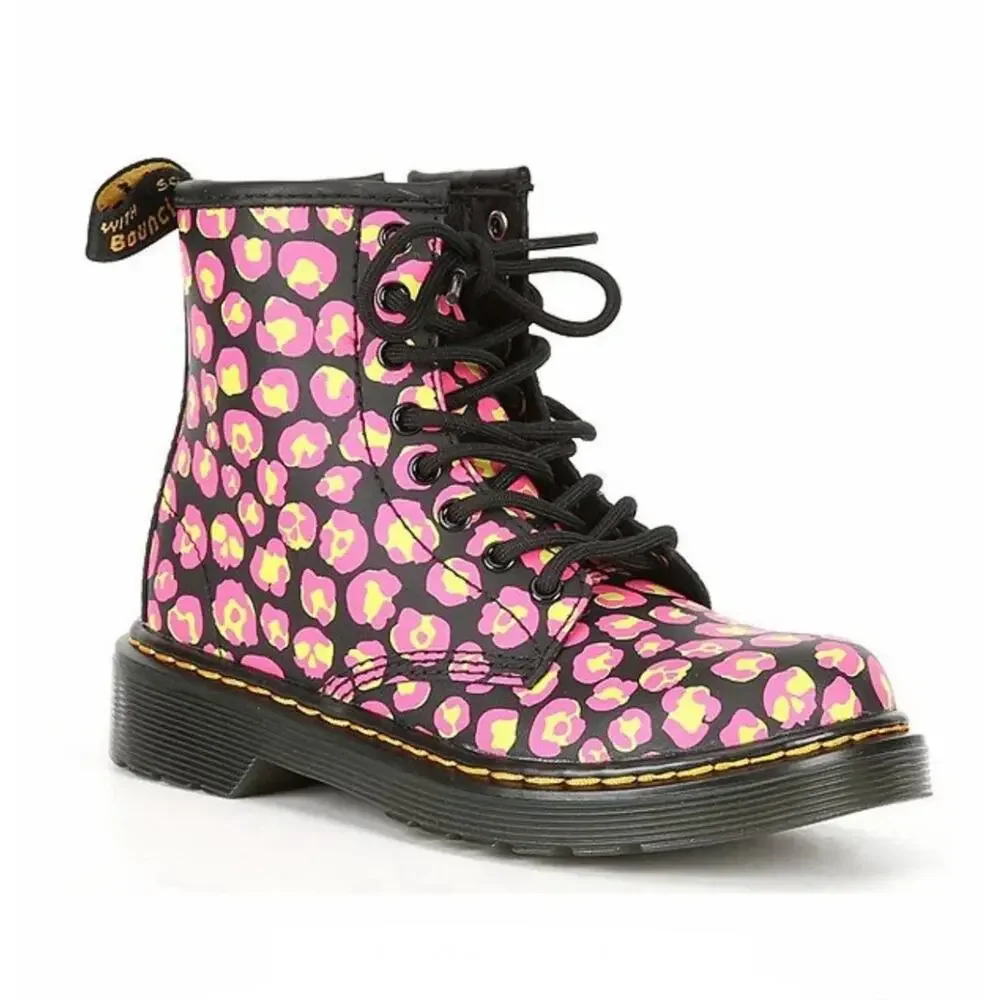 Dr. Marten’s Leopard Print Side Zipper Lace Up Girls’ Combat Boots Size 6